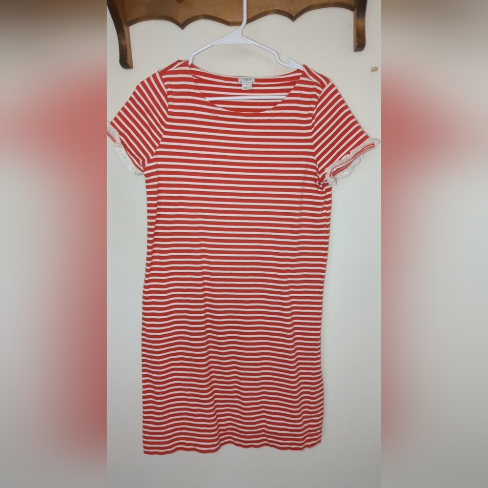 Size small red and white striped j crew r shirt dress with lace detail on sleeve